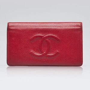 Chanel Red Caviar Leather CC Timeless L Yen Wallet